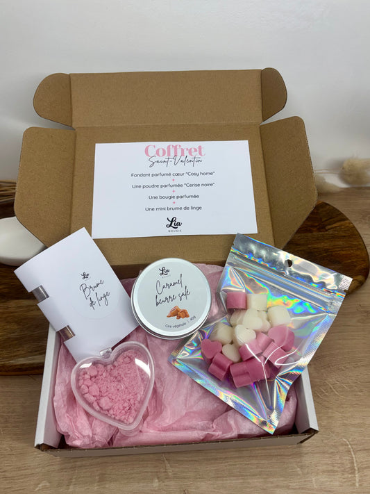Coffret St Valentin 4 produits parfumes pour les amoureux fondants, bougies, poudre aspirateur, brume de linge