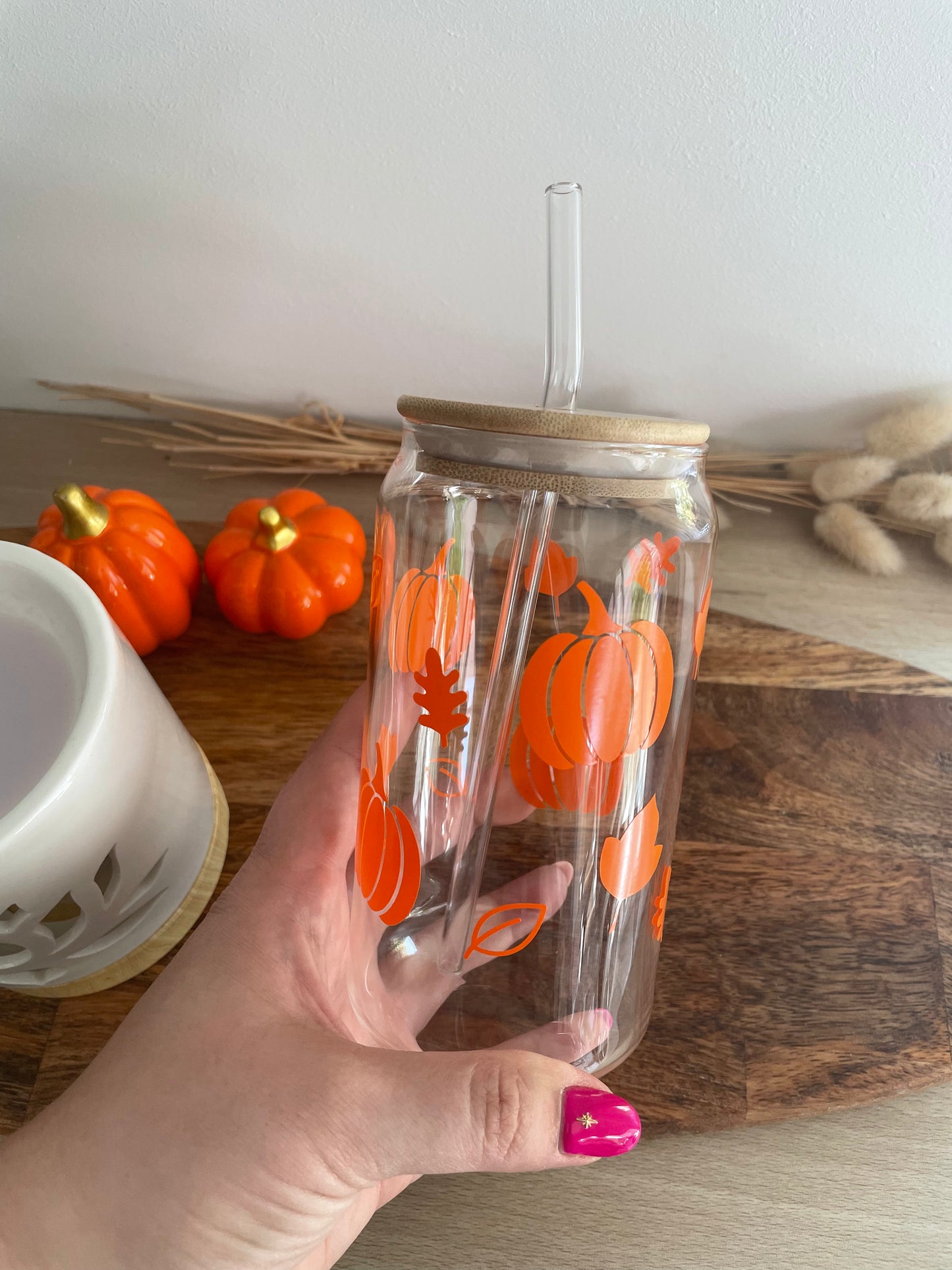 Gobelet en Verre Halloween 500 ml – Design Citrouille Fait Main / SUR COMMANDE