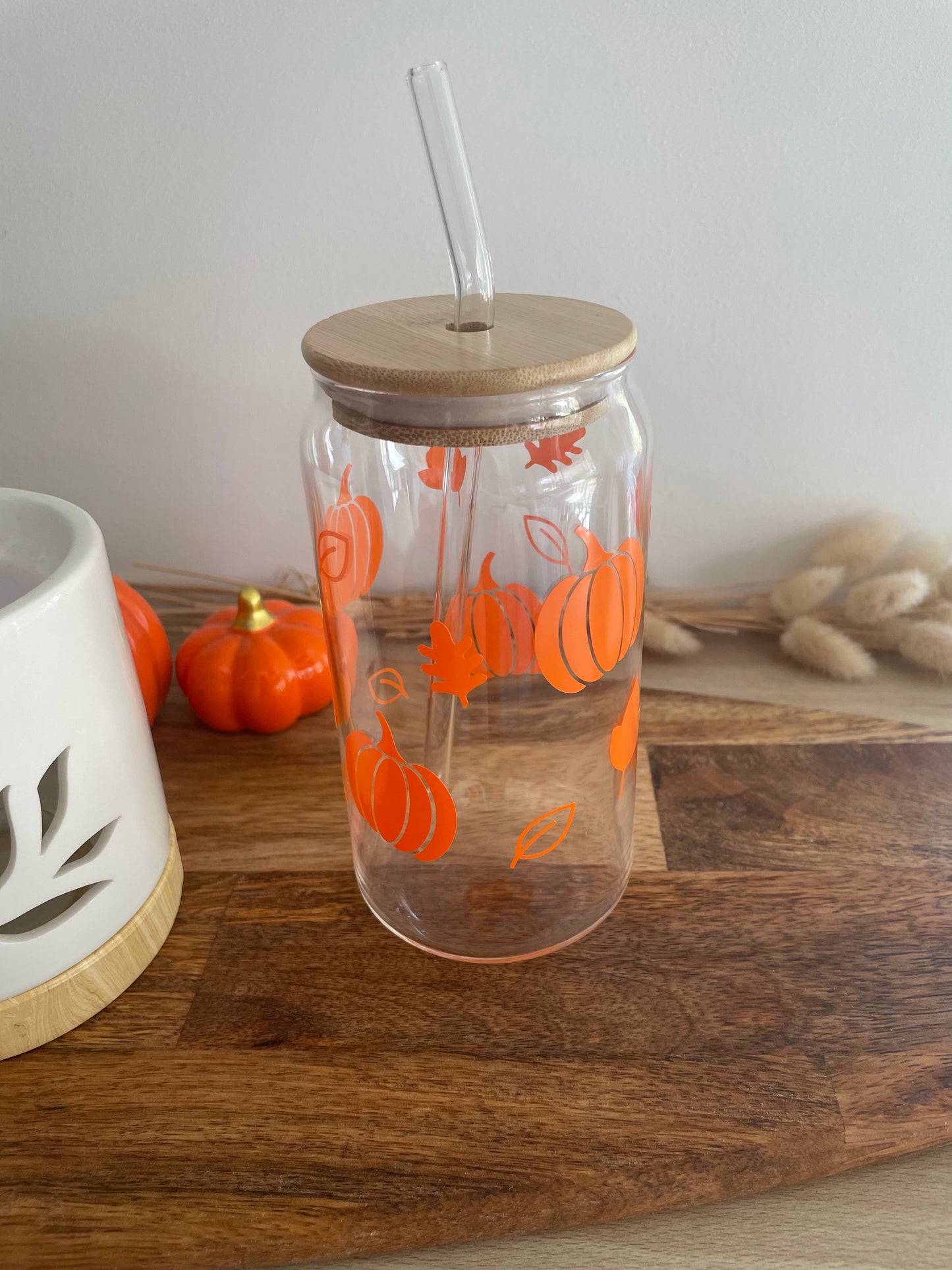 Gobelet en Verre Halloween 500 ml – Design Citrouille Fait Main / SUR COMMANDE