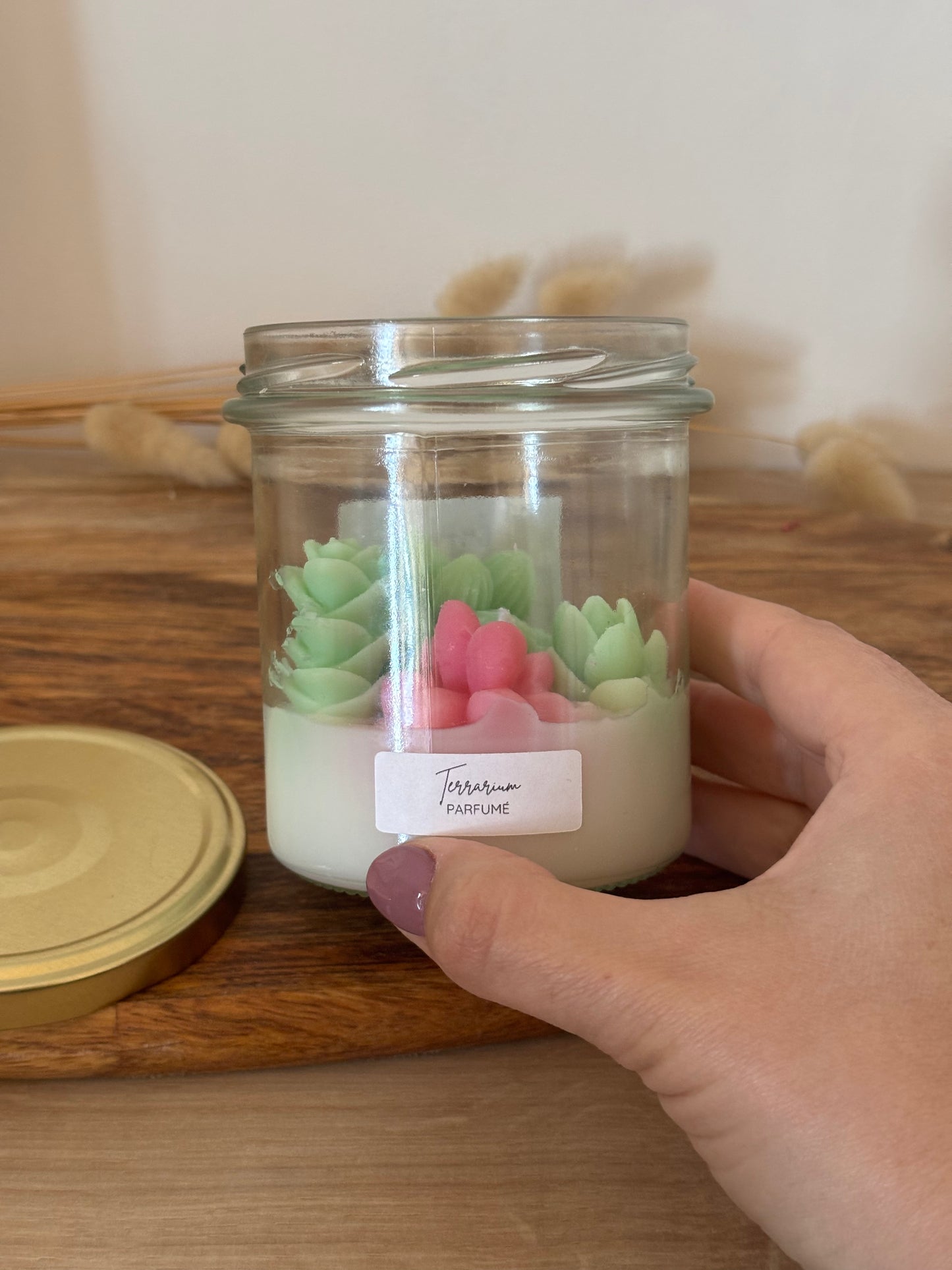 Bougie parfumée terrarium plantes grasses vertes et roses